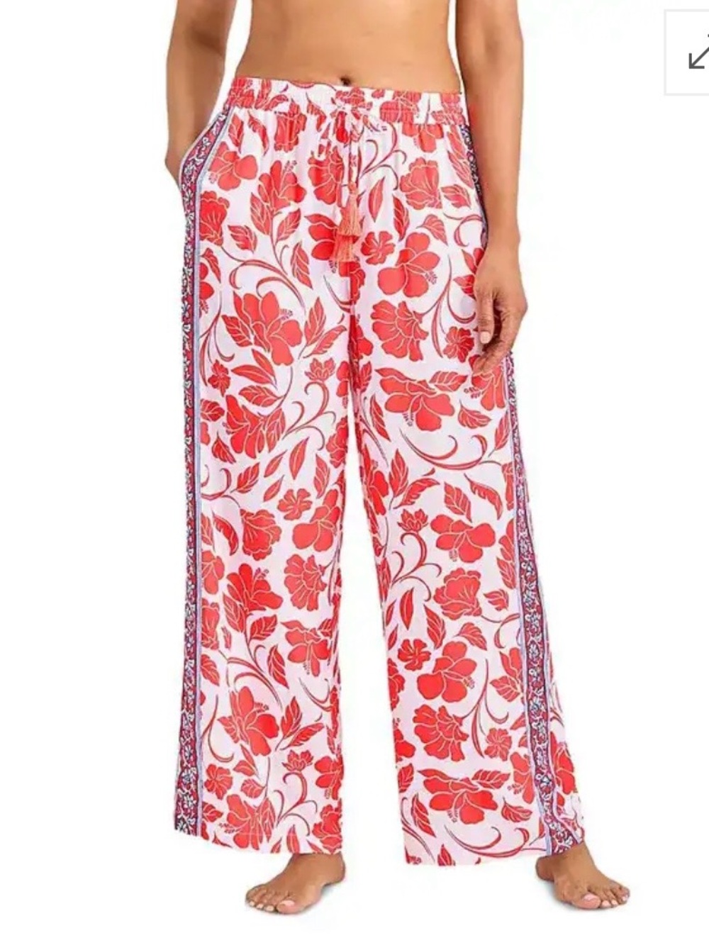 Tommy Bahama Red White Tropical Hibiscus Print Tassel Drawstring Pants L